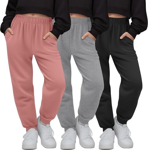 3 Pack Girls' Sweatpants Kids Elastic Waist Joggers Casual Athletic Pull on Teen Sweat Pants with Pockets in Saudi Arabia