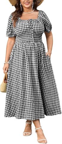 SCOMCHIC Women's Plus Size Maxi Dress Square Neck Plaid Short Sleeve A Line Tie Front Casual Summer Long Dresses with Pockets in Saudi Arabia