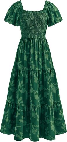 فساتين PRETTYGARDEN النسائية لصيف 2026 بوهو ماكسي مُزينة بالزهور وأكمام قصيرة ورقبة مربعة فستان طويل متدفق ملابس العطلات in Kuwait