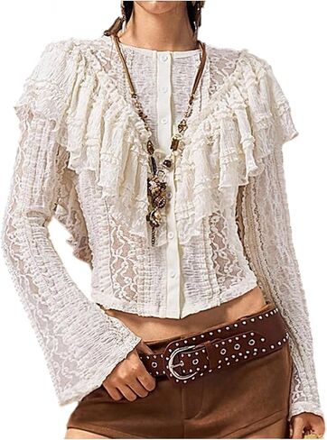 GORGLITTER Women's Boho Ruffle Lace Button Up Blouse Y2k Long Sleeve Crew Neck Shirts Coquette Blouses in Saudi Arabia