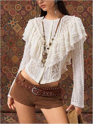 GORGLITTER Women's Boho Ruffle Lace Button Up Blouse Y2k Long Sleeve Crew Neck Shirts Coquette Blouses in Saudi Arabia