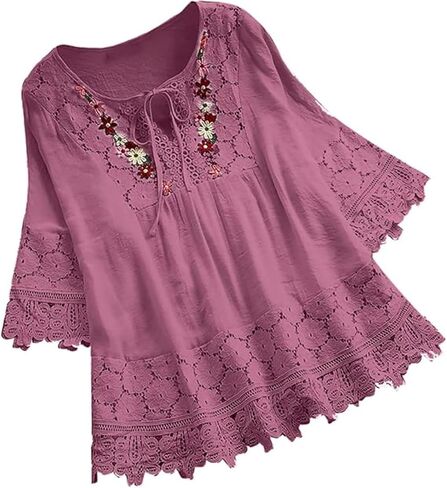 Women Summer Boho Tops Lace Up Embroidered Peasant Blouses 3/4 Sleeve Casual Dressy Shirt in Saudi Arabia