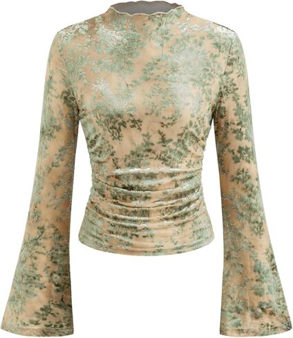 CIDER Going Out Tops for Women Floral Mesh Top Long Bell Sleeve Ruffle Neck Ruched Slim Fit Top Trendy Fall Spring in Saudi Arabia