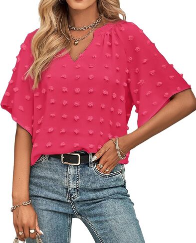 siliteelon Womens Blouses Dressy Casual V Neck Ruffle Sleeve Flowy Chiffon Tops Swiss Dot Cute Summer Business Shirts in Saudi Arabia