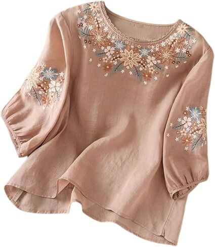 Linen Shirts for Women - Retro Embroidered Tops Summer Gauzy Shirts 3/4 Sleeve Crewneck Blouses Casual Boho Clothes in Saudi Arabia
