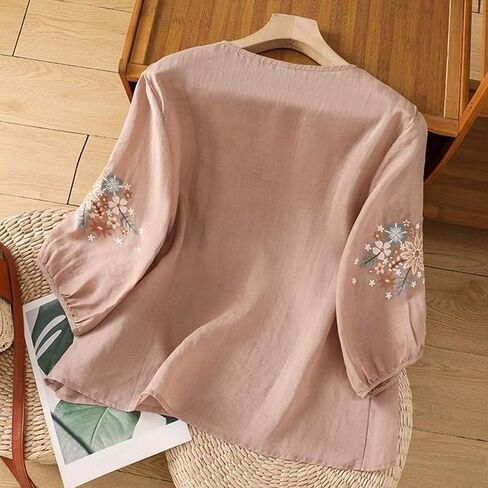 Linen Shirts for Women - Retro Embroidered Tops Summer Gauzy Shirts 3/4 Sleeve Crewneck Blouses Casual Boho Clothes in Saudi Arabia