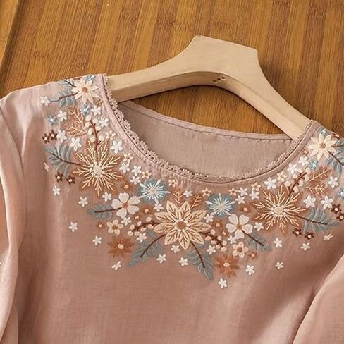 Linen Shirts for Women - Retro Embroidered Tops Summer Gauzy Shirts 3/4 Sleeve Crewneck Blouses Casual Boho Clothes in Saudi Arabia
