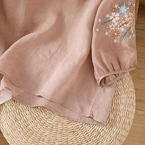 Linen Shirts for Women - Retro Embroidered Tops Summer Gauzy Shirts 3/4 Sleeve Crewneck Blouses Casual Boho Clothes in Saudi Arabia