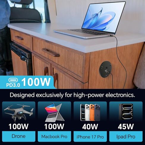 منفذ USB RV بقدرة 118 وات 100 وات PD3.0 من النوع C، منفذ شحن سريع مزدوج للطائرة بدون طيار، Starlink Mini، مقبس USB 18 وات QC3.0 ألومنيوم 12 فولت، ملحقات لقارب شاحنة مقطورة RV (قطعتان) in Kuwait
