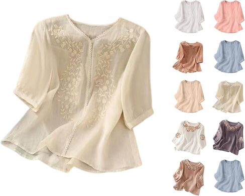 Linen Shirts for Women - Retro Embroidered Tops Summer Gauzy Shirts 3/4 Sleeve Crewneck Blouses Casual Boho Clothes in Saudi Arabia