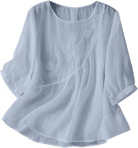 Linen Shirts for Women - Retro Embroidered Tops Summer Gauzy Shirts 3/4 Sleeve Crewneck Blouses Casual Boho Clothes in Saudi Arabia