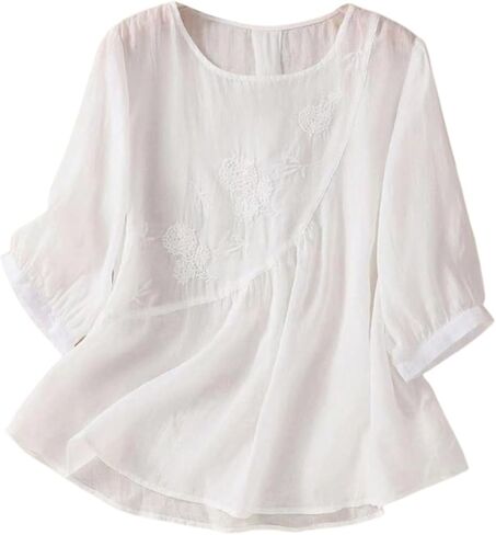 Linen Shirts for Women - Retro Embroidered Tops Summer Gauzy Shirts 3/4 Sleeve Crewneck Blouses Casual Boho Clothes in Saudi Arabia