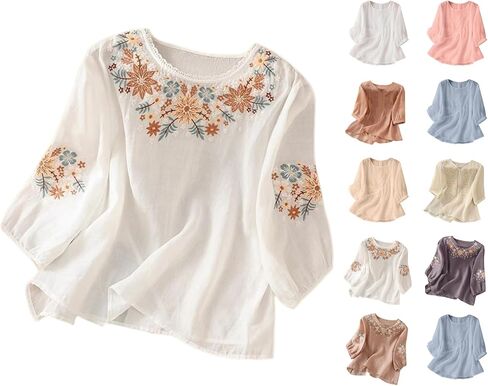 Linen Shirts for Women - Retro Embroidered Tops Summer Gauzy Shirts 3/4 Sleeve Crewneck Blouses Casual Boho Clothes in Saudi Arabia