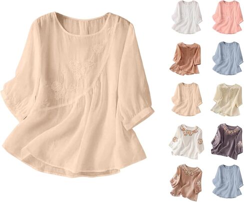 Linen Shirts for Women - Retro Embroidered Tops Summer Gauzy Shirts 3/4 Sleeve Crewneck Blouses Casual Boho Clothes in Saudi Arabia