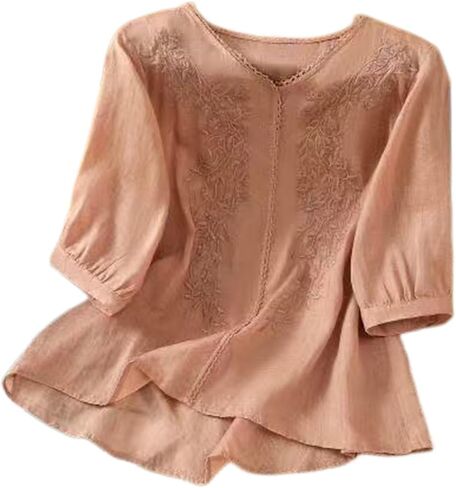 Linen Shirts for Women - Retro Embroidered Tops Summer Gauzy Shirts 3/4 Sleeve Crewneck Blouses Casual Boho Clothes in Saudi Arabia