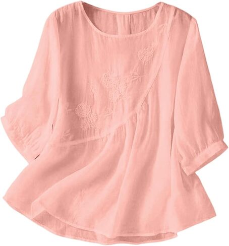 Linen Shirts for Women - Retro Embroidered Tops Summer Gauzy Shirts 3/4 Sleeve Crewneck Blouses Casual Boho Clothes in Saudi Arabia