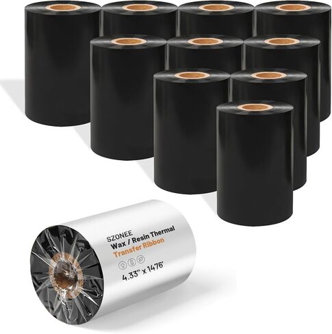 10 لفات من شريط الشمع المعزز بالراتنج مقاس 4.33 بوصة × 1476 بوصة - شريط نقل حراري أساسي 1 بوصة لملصقات الباركود، حبر CSO خارجي، متوافق مع Zebra وSato وDatamax وTSC وGoDex وCitizen in Kuwait