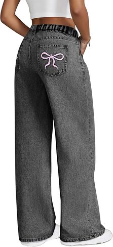 Girls Baggy Jeans Wide Straight Leg High Waist Cute Bow Embroidered Denim Pants Trendy Skater Streetwear 8-16Y in Kuwait