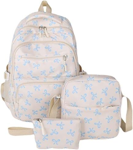 3-Piece Artistic Bow Backpack Set - Large Capacity Casual Travel Bag with Lunch Box and Case - Korean Style Daypack for Commute and Gifting（Blue） in Saudi Arabia
