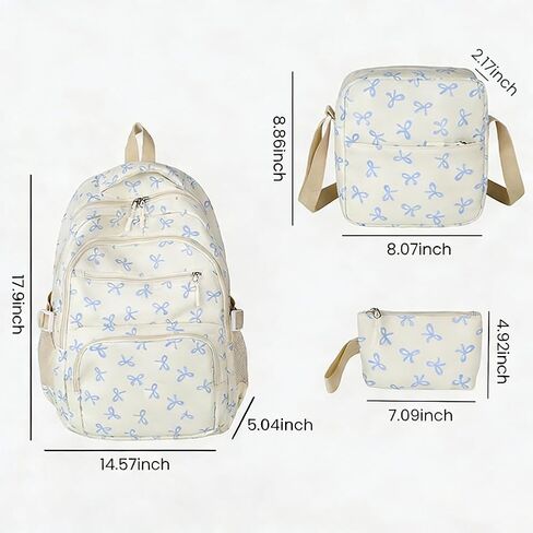3-Piece Artistic Bow Backpack Set - Large Capacity Casual Travel Bag with Lunch Box and Case - Korean Style Daypack for Commute and Gifting（Blue） in Saudi Arabia