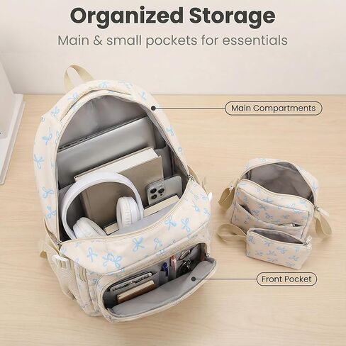 3-Piece Artistic Bow Backpack Set - Large Capacity Casual Travel Bag with Lunch Box and Case - Korean Style Daypack for Commute and Gifting（Blue） in Saudi Arabia