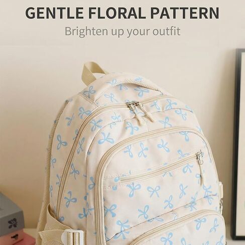 3-Piece Artistic Bow Backpack Set - Large Capacity Casual Travel Bag with Lunch Box and Case - Korean Style Daypack for Commute and Gifting（Blue） in Saudi Arabia