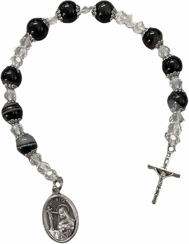 Saint Rita Chaplet Patron of abuse women marble black and white beads separated by Faceted Crystal Beads Blessed Silver Overlay Medal and Crucifix Includes a Laminated Prayer Card in Saudi Arabia