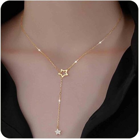 قلادة ذهبية رائعة للنساء من Dainty Lariat قلادة على شكل نجمة كريستالية على شكل حرف Y وإكسسوارات مجوهرات وهدايا in Saudi Arabia
