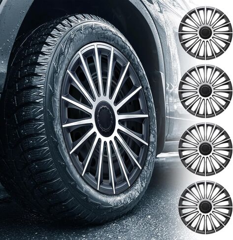 أغطية عجلات المركبات من Alpena Austin، أغطية حواف فاخرة مصنوعة في أوروبا مع نظام احتفاظ ثلاثي الخطوات، أغطية محور متينة تناسب معظم العجلات الفولاذية، مجموعة من 4 قطع، 15 بوصة، فضي وأسود in Kuwait