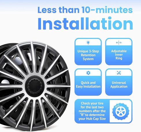 أغطية عجلات المركبات من Alpena Austin، أغطية حواف فاخرة مصنوعة في أوروبا مع نظام احتفاظ ثلاثي الخطوات، أغطية محور متينة تناسب معظم العجلات الفولاذية، مجموعة من 4 قطع، 15 بوصة، فضي وأسود in Kuwait