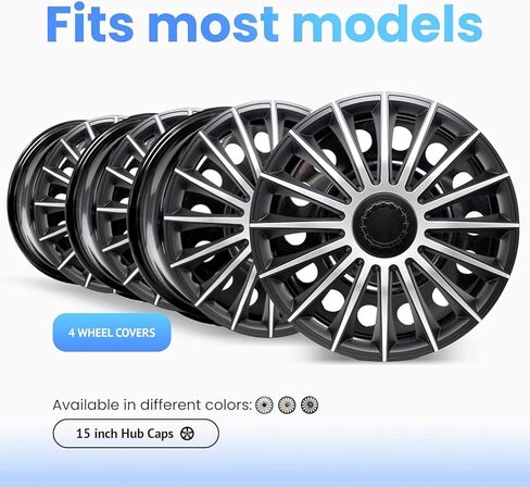 أغطية عجلات المركبات من Alpena Austin، أغطية حواف فاخرة مصنوعة في أوروبا مع نظام احتفاظ ثلاثي الخطوات، أغطية محور متينة تناسب معظم العجلات الفولاذية، مجموعة من 4 قطع، 15 بوصة، فضي وأسود in Kuwait