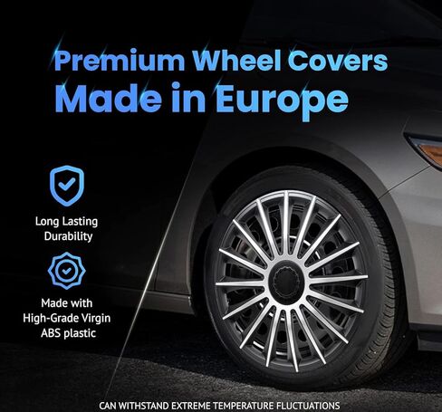 أغطية عجلات المركبات من Alpena Austin، أغطية حواف فاخرة مصنوعة في أوروبا مع نظام احتفاظ ثلاثي الخطوات، أغطية محور متينة تناسب معظم العجلات الفولاذية، مجموعة من 4 قطع، 15 بوصة، فضي وأسود in Kuwait