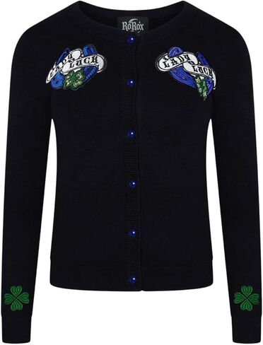Ro Rox Lady Luck Rockabilly Cardigan - 1950s Retro Vintage Knit with Embroidered Horseshoes & Shamrocks in Saudi Arabia