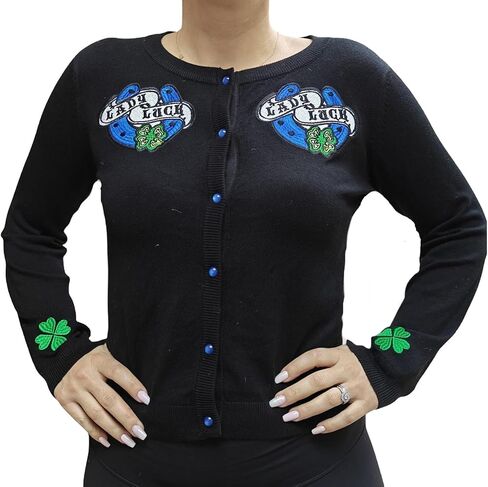 Ro Rox Lady Luck Rockabilly Cardigan - 1950s Retro Vintage Knit with Embroidered Horseshoes & Shamrocks in Saudi Arabia