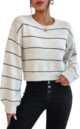 Milumia Women's Striped Knit Cropped Sweater Long Puff Sleeve Crewneck Casual Pullover Tops in Saudi Arabia