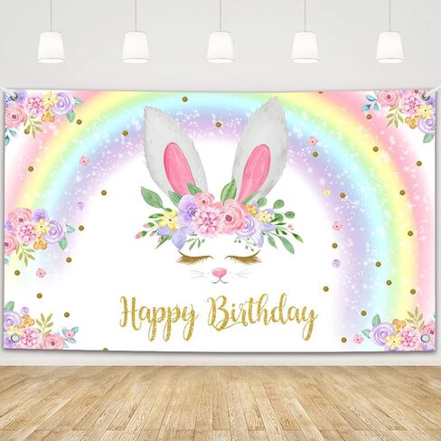 MEHOFOND 7x5ft Glitter Rainbow Bunny Girl Happy Birthday Party Decorations Backdrop Floral Gold Glitter Magical Rabbit Spring Easter Photography Background Photo Banner Poster for Cake Table Supplies in Kuwait