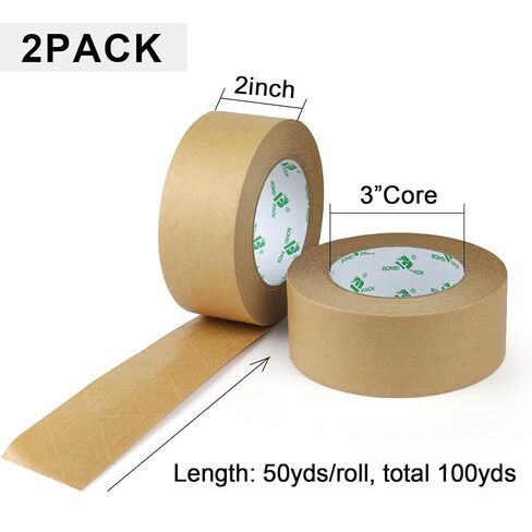 شريط تعبئة ورق مقوى من BOMEI PACK مقاس 2 بوصة، شريط شحن ورق كرافت ذاتي اللصق قابل للتحلل الحيوي، للتعبئة الثقيلة والشحن والنقل والتخزين، لفتان × 50 ياردة in Kuwait