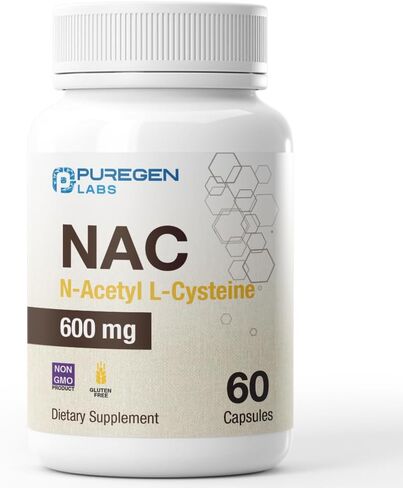 Puregen Labs N-Acetyl-L-Cysteine (NAC) 600mg, Supports immune, respiratory, liver health, NAC 600 mg, potent antioxidant support, free-radicals, easy to absorb - 60 Vegetarian Capsules in Kuwait