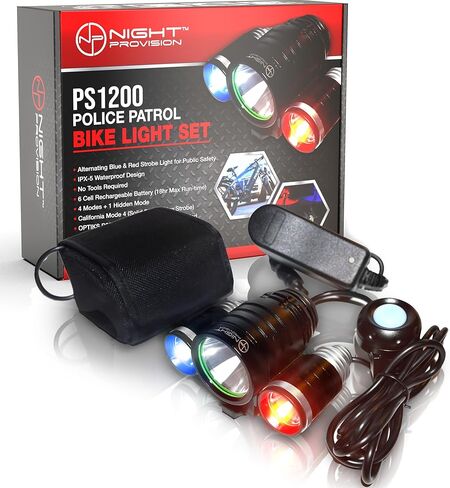 PS1200 Front & OPTIKS 210 Rear Police Patrol Bike Light - Red/Blue Strobe LED - Rechargeable - Water Proof - 5 Modes in Kuwait