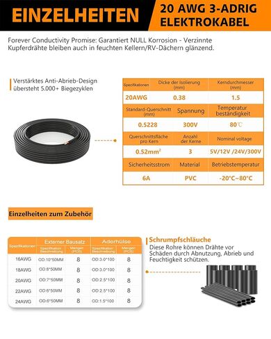 سلك كهربائي 20 مقياس 3 موصل 20/3AWG 82.02FT كابل جهد منخفض - قلب مجدول من النحاس المعلب مع عزل PVC لتركيبات إضاءة شريط LED، وتسخير الأسلاك البحرية للسيارات in Kuwait