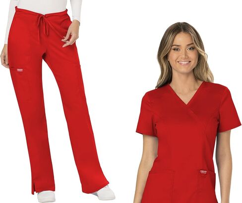 Cherokee Scrub Set for Women Modern Classic Fit Mock Wrap Top WW610 with Mid Rise Moderate Flare Drawstring Pant-WW120, Red - L Top/L Tall Pant in Saudi Arabia