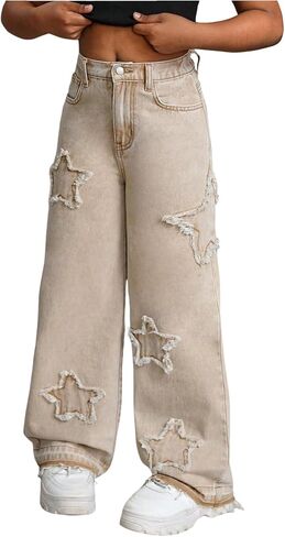 WDIRARA Girl's Star Patched Baggy Jeans Straight Leg Raw Trim Denim Pants Streetwear in Saudi Arabia