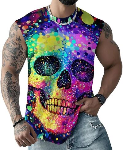 Mens Skull Print Tank Top 3D Graphic Sleeveless T Shirts Moisture Wicking Summer Gym Muscle Shirts in Saudi Arabia