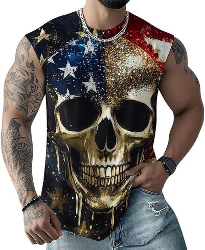 Mens Skull Print Tank Top 3D Graphic Sleeveless T Shirts Moisture Wicking Summer Gym Muscle Shirts in Saudi Arabia