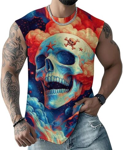 Mens Skull Print Tank Top 3D Graphic Sleeveless T Shirts Moisture Wicking Summer Gym Muscle Shirts in Saudi Arabia