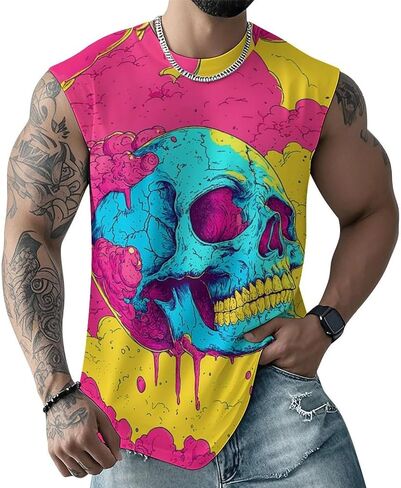 Mens Skull Print Tank Top 3D Graphic Sleeveless T Shirts Moisture Wicking Summer Gym Muscle Shirts in Saudi Arabia