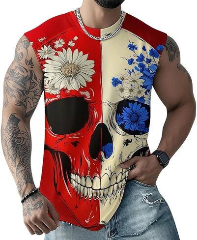 Mens Skull Print Tank Top 3D Graphic Sleeveless T Shirts Moisture Wicking Summer Gym Muscle Shirts in Saudi Arabia