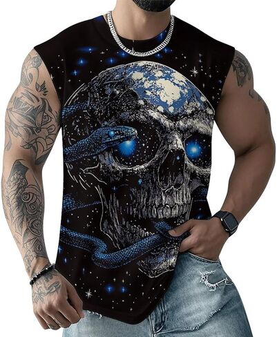 Mens Skull Print Tank Top 3D Graphic Sleeveless T Shirts Moisture Wicking Summer Gym Muscle Shirts in Saudi Arabia