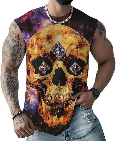 Mens Skull Print Tank Top 3D Graphic Sleeveless T Shirts Moisture Wicking Summer Gym Muscle Shirts in Saudi Arabia