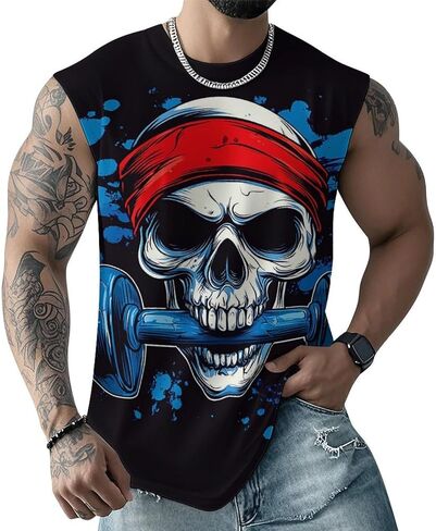 Mens Skull Print Tank Top 3D Graphic Sleeveless T Shirts Moisture Wicking Summer Gym Muscle Shirts in Saudi Arabia